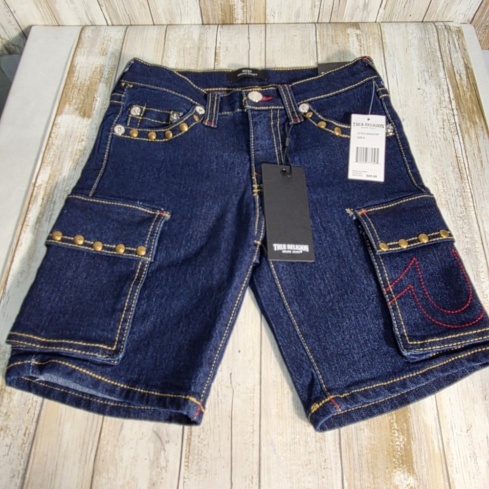 True Religion Ricky Relaxed Straight Denim Cargo Shorts Indigo Blue Studded 12